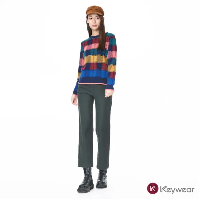 【KeyWear 奇威名品】彩色格紋拼接針織上衣