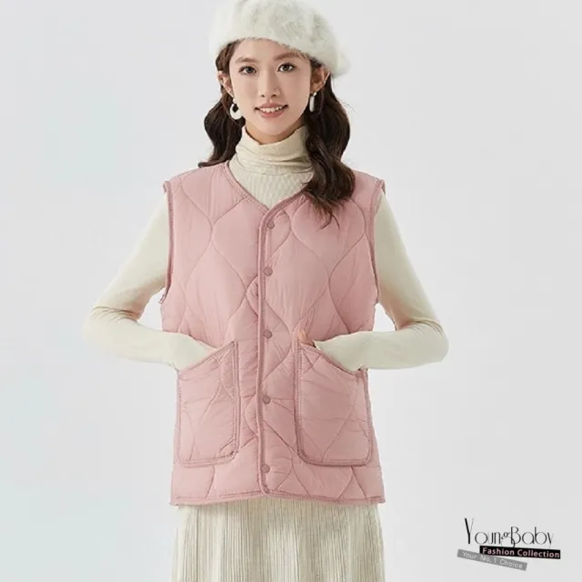 【YOUNGBABY】圓領暗釦葫蘆車線羔羊毛夾棉背心 中大尺碼女裝