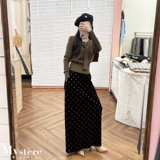 【my stere 我的時尚秘境】雙11 優雅波點絨面開衩長裙(有口袋 絨布裙 直筒裙 點點裙 包臀裙 鉛筆