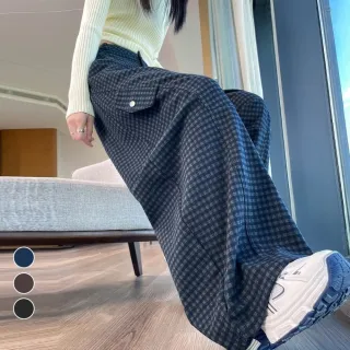 【MsMore】格子彎刀工裝褲高腰香蕉毛呢休閒褲#126815(咖  藏青  黑)