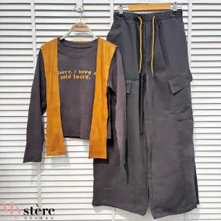 【my stere 我的時尚秘境】雙11 灰色字母工裝褲套裝 附撞色披肩(三件式套裝 整套搭配 工裝褲 休