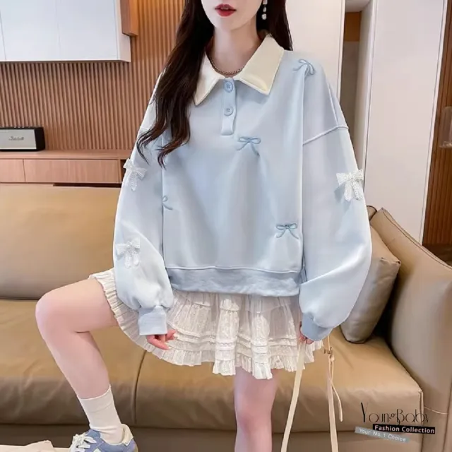 【YOUNGBABY】蕾絲蝴蝶結撞色領加絨加厚POLO上衣 中大尺碼女裝