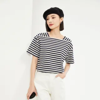 【GIORDANO 佐丹奴】網路獨家款 女裝條紋方領針織短袖T恤(11 杏/黑)