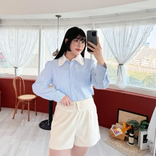 【Want-Meow】75公斤可穿/日系精緻簡約長袖清新條紋襯衫(大碼/大尺碼/加大碼/長袖襯衫)