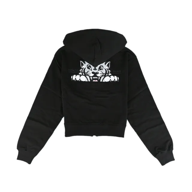 【KENZO】KENZO HAPPY TIGER膠印LOGO黑灰虎圖案純棉短版雙拉鍊連帽外套(女款/黑)