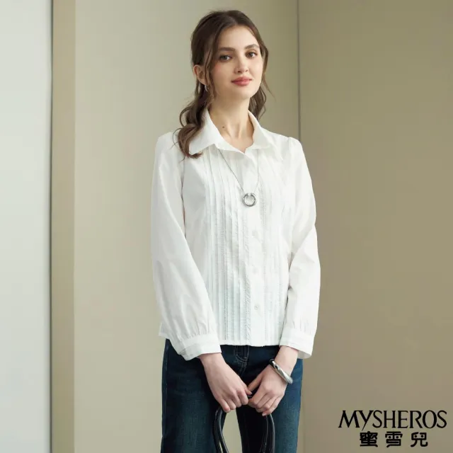 【MYSHEROS 蜜雪兒】棉質襯衫上衣 翻領鏤空刺繡 風琴褶前襟(白)