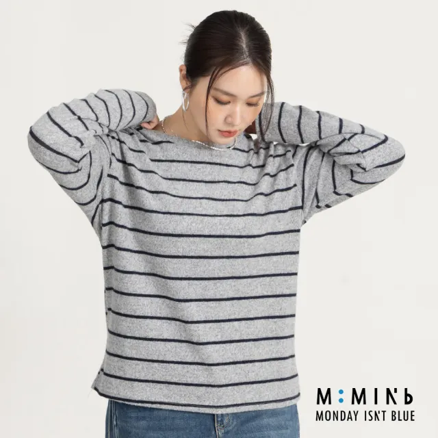 【M：MINb】momo獨家款★輕盈雲朵絨彈性條紋長袖T恤(灰色/中大尺碼女裝/XL女裝/T恤/大尺碼上衣)