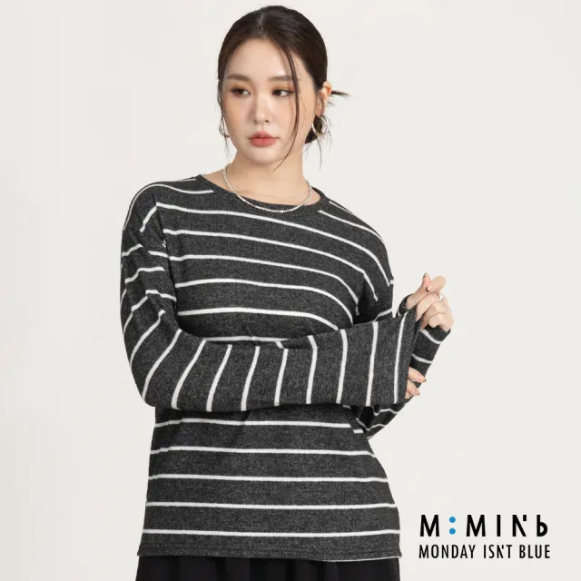 【M:MINb】momo獨家款★輕盈雲朵絨彈性條紋長袖T恤(黑色/中大尺碼女裝/XL女裝/T恤/大尺碼上衣)