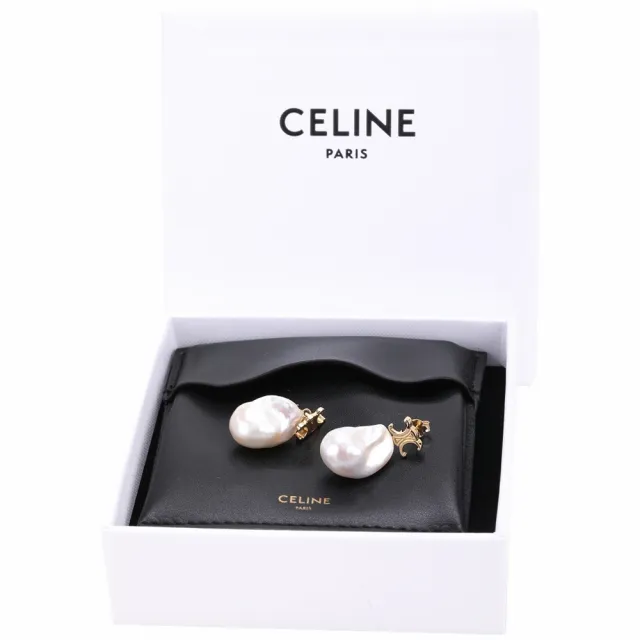 【CELINE】賽琳 Les Perles 凱旋門標誌巴洛克風珍珠穿針式耳環 附皮革收納套-金色(耳環 飾品)