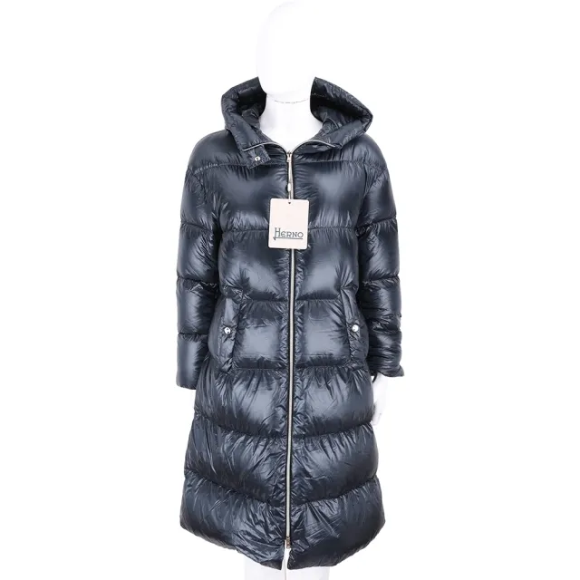 【HERNO】海軍藍 20D輕量防水尼龍 長版 連帽羽絨外套 大衣-女款(連帽大衣 義大利頂級羽絨)