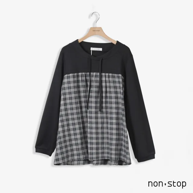 【non-stop】格紋拼接抽繩寬擺T恤-2色