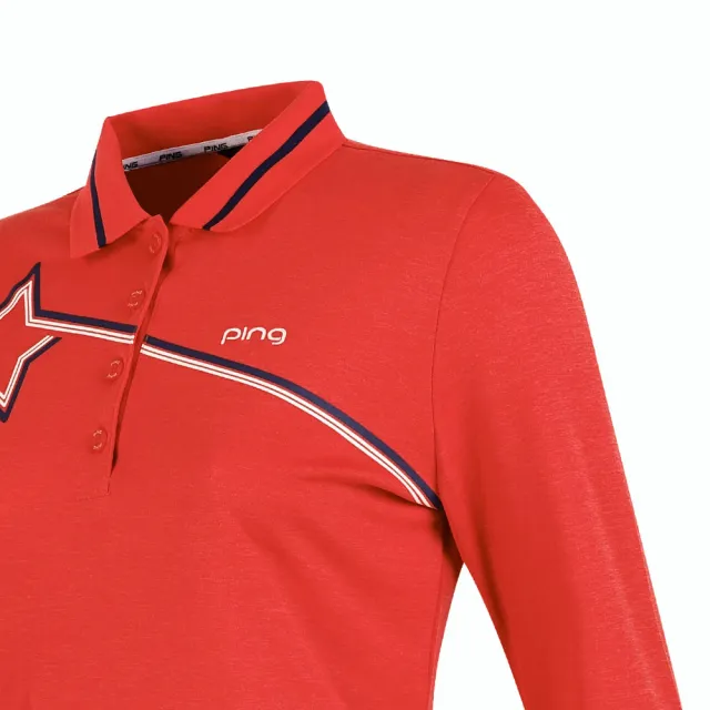 【PING】女款星星高爾夫長袖POLO衫-橘紅(GOLF/高爾夫球衫/RA19202-28)