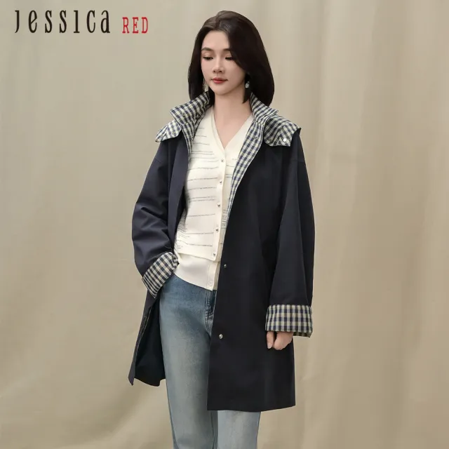 【Jessica Red】寬鬆休閒拼接格紋中長款風衣外套R54005（深藍）