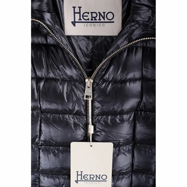 【HERNO】MARIA 黑色立領車縫 20D輕盈防水尼龍 長版 拉鍊羽絨外套(羽絨 外套 義大利頂級羽絨)