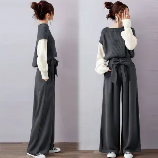 【初色】日系拚色一字領長袖上衣女上衣+蝴蝶結闊腿褲休閒褲寬褲長褲套裝-灰色-17316(M/L可選)