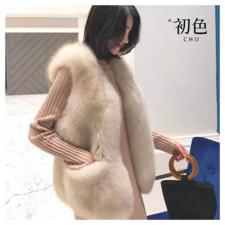 【初色】韓版修身顯瘦短款純色V領無袖坎肩仿狐狸毛馬甲外套背心女背心-共4色-17248(M-2XL可選)