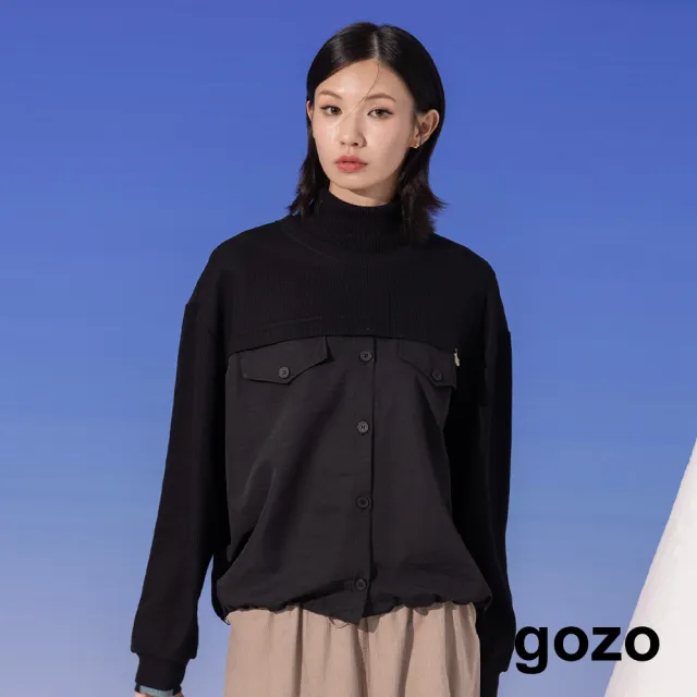 【gozo】MOMO獨家款★限量開賣 異材質拼接抽繩傘狀大學T(兩色)