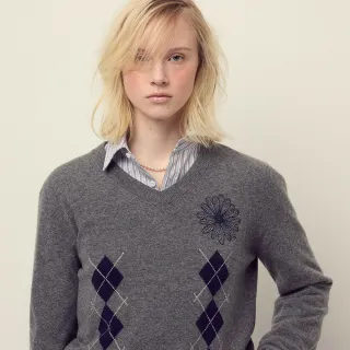 【MARDI MERCREDI】V領針織衫 深灰色 小雛菊刺繡 海軍藍 CASHMERE BLENDED V NECK ARGYLE