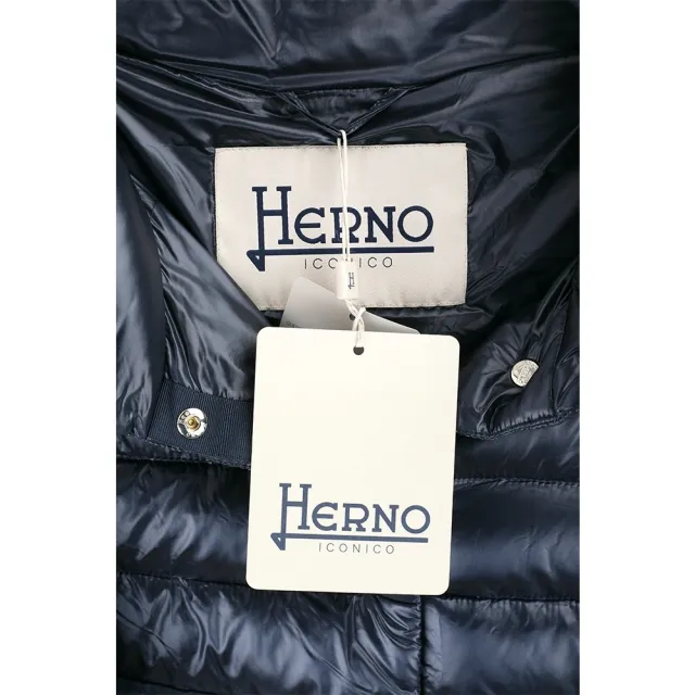 【HERNO】AMINTA 漏斗領絎縫隱形按釦深藍色9分袖羽絨外套(義大利精品 羽絨衣 外套)