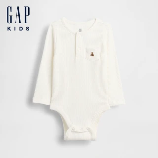 【GAP】嬰兒裝 小熊刺繡圓領長袖包屁衣-象牙白(783317)