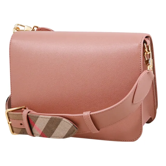 【BURBERRY 巴寶莉】Mackford 英系燙印LOGO經典格紋拼接寬背帶斜背包(粉)