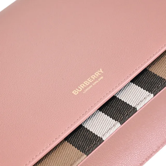 【BURBERRY 巴寶莉】Mackford 英系燙印LOGO經典格紋拼接寬背帶斜背包(粉)
