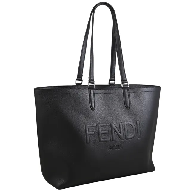【FENDI 芬迪】ROMA 簡約經典LOGO荔枝牛皮大容量肩背包托特包(黑)