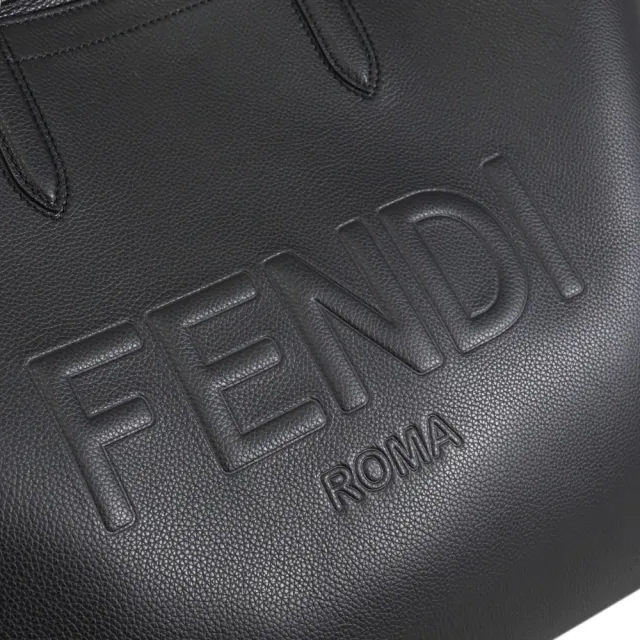 【FENDI 芬迪】ROMA 簡約經典LOGO荔枝牛皮大容量肩背包托特包(黑)