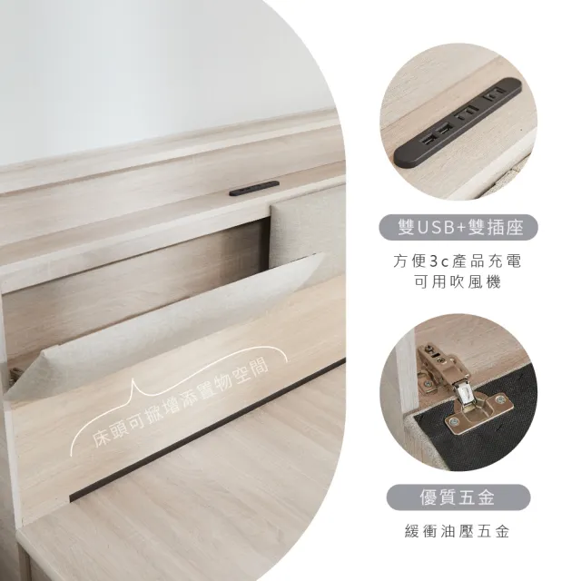 【藤原傢俬】白梧桐雙USB貓抓皮收納空間床組-單抽3.5尺單人加大(雙USB貓抓床頭+收納空間床底+單抽屜)