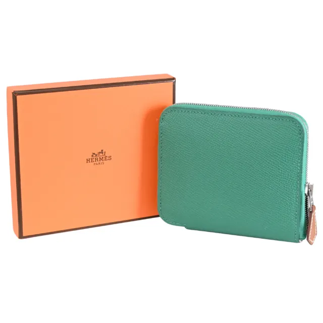 【Hermes 愛馬仕】Silk Evercolor 經典內襯絲巾小牛皮拉鍊零錢簡易短夾(綠)