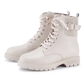 【ORIN】牛皮免綁帶側拉鍊平底短靴(米色)