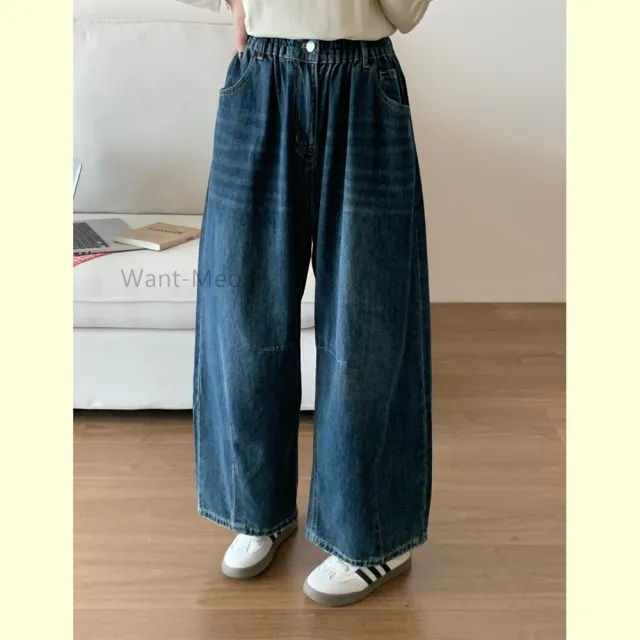【Want-Meow】80公斤可穿/百搭神器高腰鬆緊舒適寬鬆9分牛仔寬褲(大碼/大尺碼/加大碼/牛仔寬褲/下著)