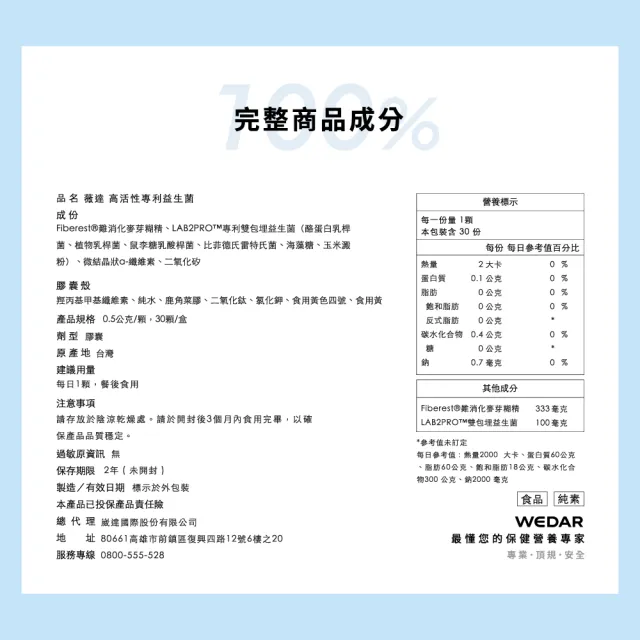 【Wedar 薇達】高活性專利益生菌 6盒組(30顆/盒.100億專利好菌.益生質.膳食纖維.排便順暢.素食膠囊)