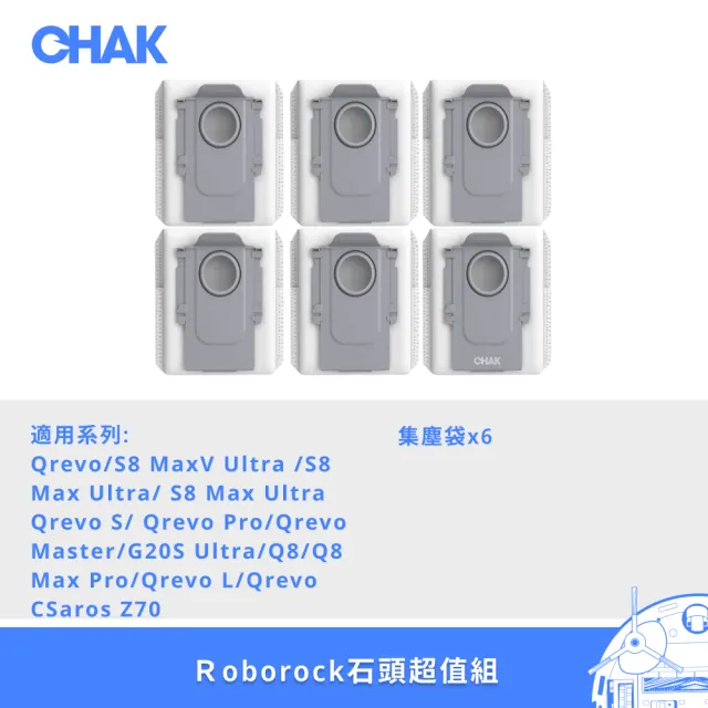 【CHAK】Roborock石頭 S8 MaxV Ultra/ Qrevo 系列副廠掃拖機配件集塵袋超值組(6入組)