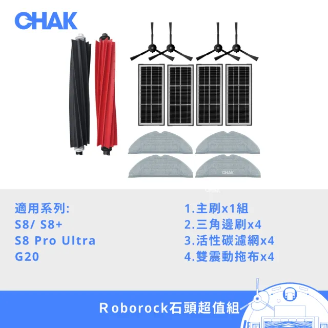 【CHAK】Roborock石頭 S8/ S8+ /S8 Pro Ultra/ G20副廠配件(主刷x1 邊刷x4 活性碳濾網x4 雙震動拖布x4)