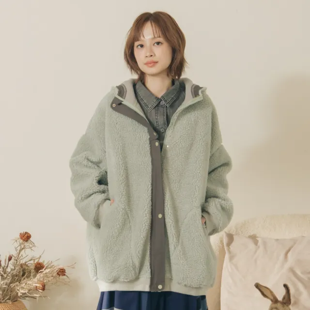 【MOSS CLUB】正方體疊疊樂繡花絨毛保暖外套(綠 米 灰/魅力商品)