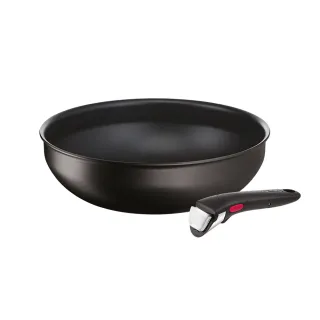 【Tefal 特福】法國製 巧變精靈系列可拆式不沾鍋2件組_28cm炒鍋＋可拆式把手_酷黑(IH爐可用鍋/電磁爐適用)