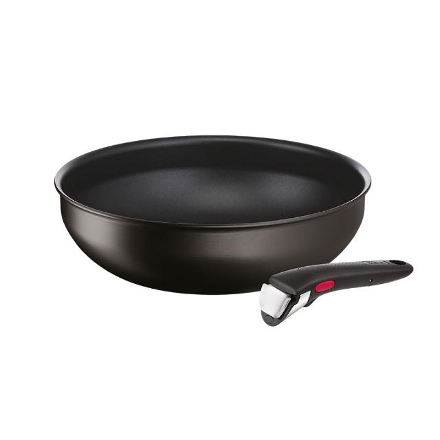 【Tefal 特福】法國製 巧變精靈系列可拆式不沾鍋2件組_28cm炒鍋＋可拆式把手_酷黑(IH爐可用鍋/電磁爐適用)