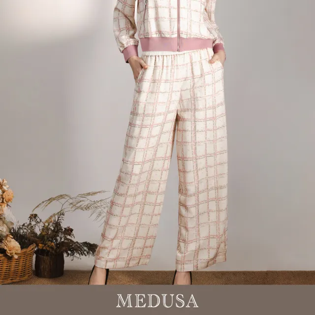 【MEDUSA 曼度莎】現貨-輕甜格紋水鑽運動風垂墜長褲（M-XL）｜休閒長褲 運動風穿搭(701-1150B)
