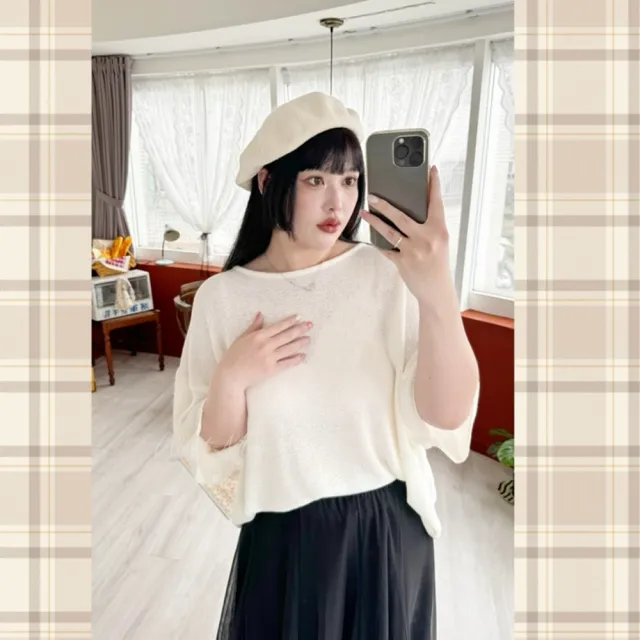 【Want-Meow】100公斤可穿/寬鬆韓系寬鬆落肩圓領針織上衣(大碼上衣/大碼/大尺碼/針織上衣)