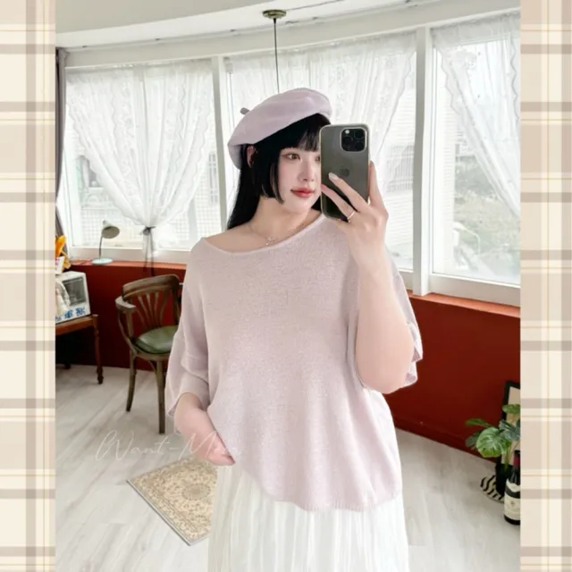【Want-Meow】100公斤可穿/寬鬆韓系寬鬆落肩圓領針織上衣(大碼上衣/大碼/大尺碼/針織上衣)
