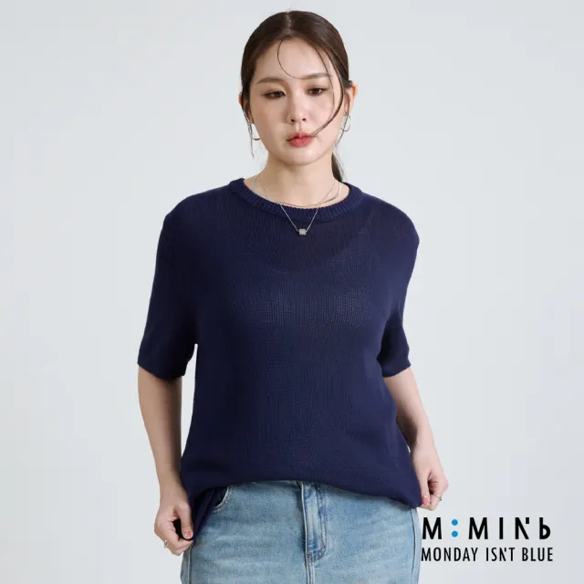 【M：MINb】顯瘦鬆弛感五分袖線衫上衣(深藍/中大尺碼女裝/大尺碼女裝/XL女裝/上衣/針織)