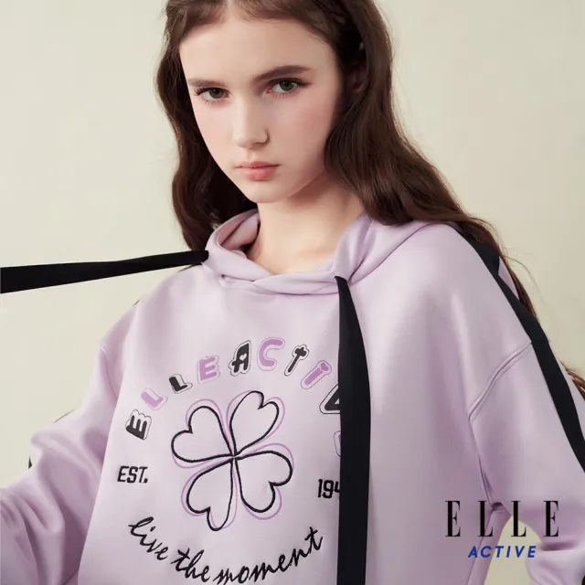 【ELLE ACTIVE】女款 幸運四葉羅紋拼接保暖連帽T-紫色(EA25A2W1407-25)