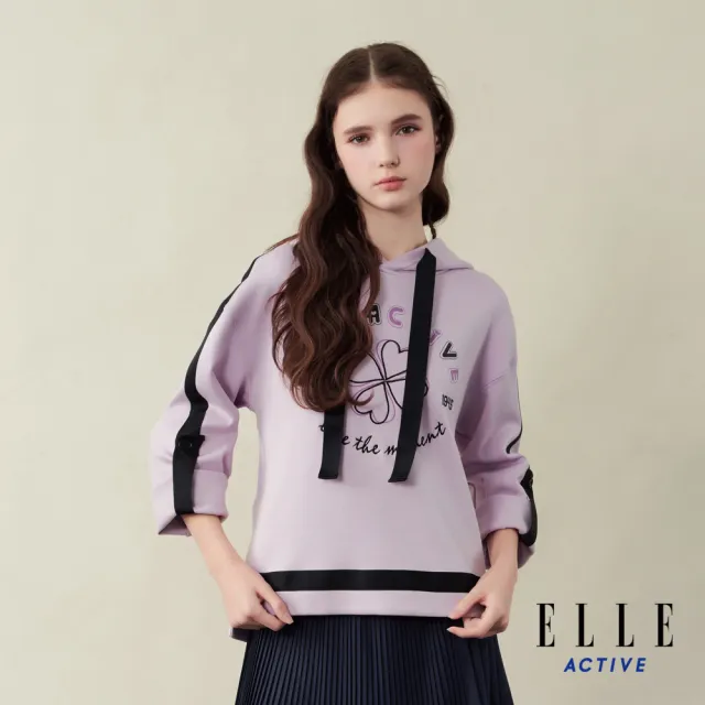 【ELLE ACTIVE】女款 幸運四葉羅紋拼接保暖連帽T-紫色(EA25A2W1407-25)