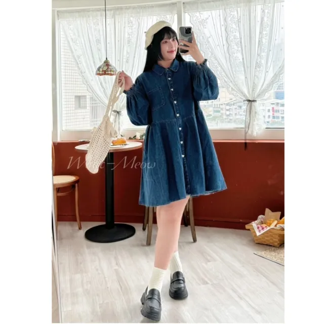 【Want-Meow】90公斤可穿/設計感長袖牛仔襯衫洋裝(大碼/大尺碼/加大碼/孕婦裝/牛仔長袖洋裝)