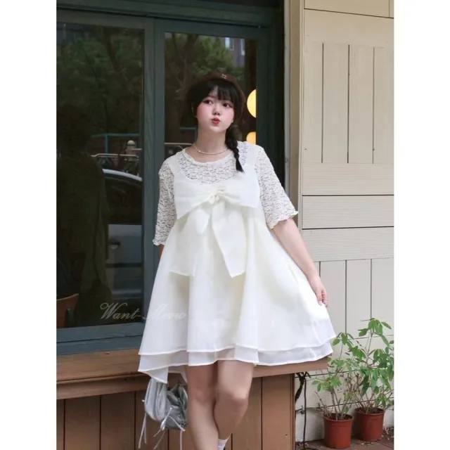 【Want-Meow】90公斤可穿/質感浪漫正反兩穿日系大蝴蝶結短洋裝(大碼/大尺碼/加大碼/孕婦裝/婚禮/洋裝)
