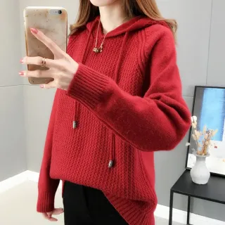 【AS 梨卡】女裝 紅色 聖誕 過年 連帽 針織 毛衣 長袖 連帽毛衣 秋冬上衣DR072(女裝 連帽 針織 毛衣)