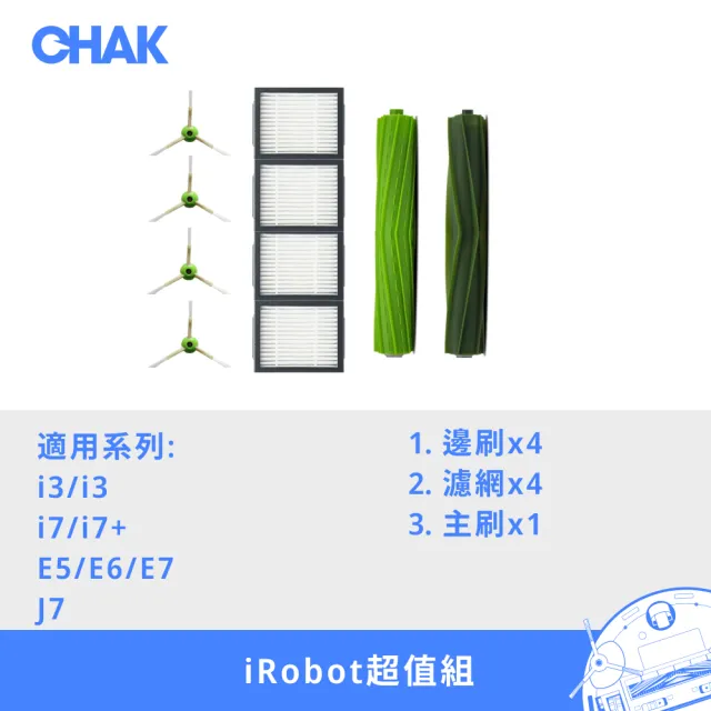 【CHAK】iRobot Roomba i3/i3+/i7/i7+/E5/E6/E7/J7系列 副廠配件耗材超值組(主刷x1組 邊刷x4 濾網x4)