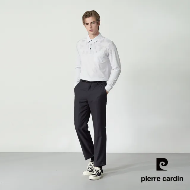【pierre cardin 皮爾卡登】休閒服飾 男款 幾何印花設計長袖POLO衫-白色(5255265-90)