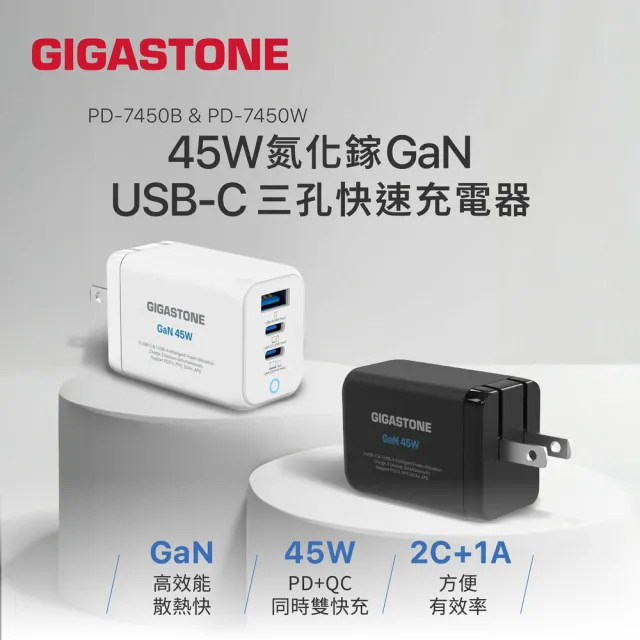 【Gigastone 立達國際】45W GaN氮化鎵三孔USB-C快充充電器PD-7450(支援iPhone17/MacBook筆電快充充電頭)